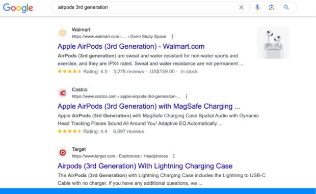 Image showing Google search results for Apple AirPods 3rd generation with product listings from Walmart, Costco, and Target.